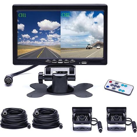Kit de Caméra de recul avec écran LCD 7", Double Caméra et entrée vidéo 4 canaux Quadruple - Camera recul étanche IP68 pour Camping-Car, Camion, RV et remorques (1/5)