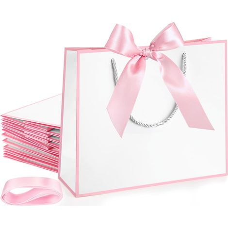 12-teiliges Geschenktüten-Set mit Henkeln und Schleifen, perfekt für Einweihungspartys und Hawaii-Partys (Weiß, Rosa) (1/3)