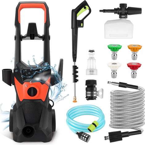 Nettoyeur Haute Pression électrique, 3000 W, Débit 336 L/h Tuyau Haute Pression de 10m, avec 4 Buses, Lance à Mousse, pour Surfaces Extérieures et Autos (1/5)