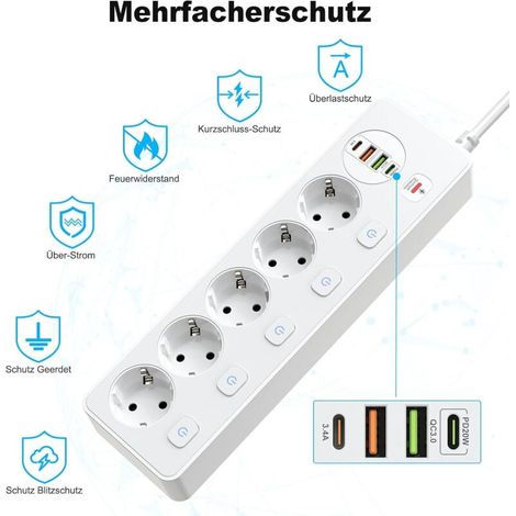 Multiprise 5 Prises Commutables Individuellement. Multiprise Avec 2 Usb A Et 2 Usb C. 5 Prises Avec Interrupteur. Montage Mural Avec CâBle D'Extension De 2 M. Pd 20 W. Blanc