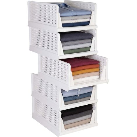 Relaxdays organizador de armario, set de 5, apilable, 18,5×33,5×43 cm, caja organizadora ropa, polipropileno, blanco (1/5)