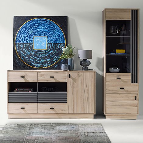 Wohnzimmermöbel-Set mit Sideboard & Vitrine in Eiche, modern 2-teilig ANTIGUA-133 (1/5)