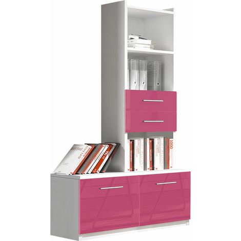 Estantería Campus, Blanco + Rosa brillante, Con puertas, Con cajones, Aglomerado laminado, MDF, Número de puertas: 2, Número de cajones: 2, 193x85x53cm