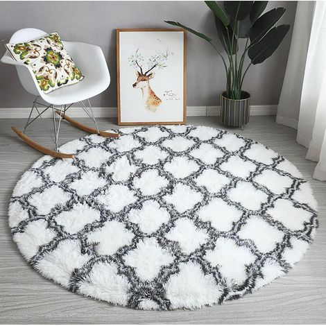 Cosy Basic Runder Weicher Anti-Rutsch Teppich, Waschbarer Flauschiger Langflor Teppich, Dekoteppich Für Schlafzimmer, Wohnzimmer, Sofa Und Stuhldekoration, Vierblättriges Kleeblatt, Weiß, 120cm