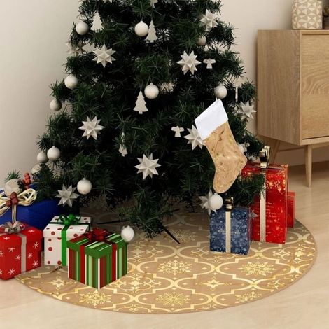 Jupe de sapin de Noël de luxe avec chaussette, jaune, 150 cm, en tissu (1/5)