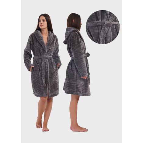 Bata de felpa para mujer con capucha y bolsillos, talla S, cómoda, con cierre de lazo, cálida. (1/5)