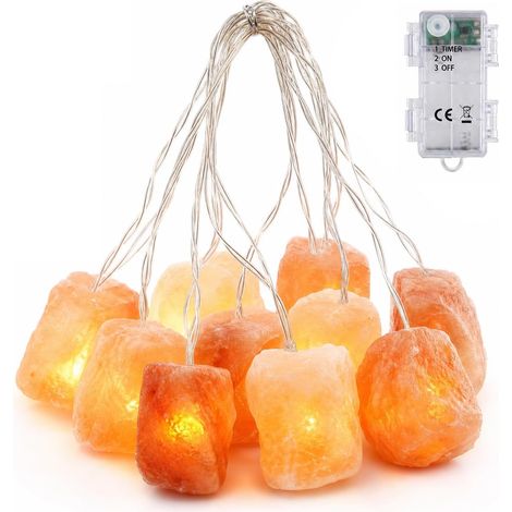 Guirlande lumineuse en cristal de sel avec pierre naturelle, 2,1 m, 10 LED, sculptée à la main, alimentée par piles avec minuterie, veilleuse décorative pour chambre à coucher, bureau, yoga