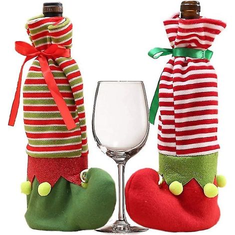 2 Bottes de lutin de Noël, Clochette à vin, Couvre-chaussures, Sac cadeau rouge, Ensembles d'emballage cadeau de Noël (1/5)