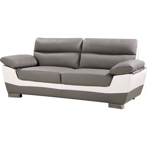 Habitat Et Jardin – Canapé droit 3 places en cuir reconstitué et PVC – Dimensions 210 x 88 x 90 cm – Gris/Blanc – Confort optimal avec têtières