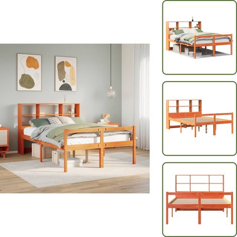 Lit bibliothèque sans matelas cire marron 135x190cm bois massif - Lit Bibliothèque - Lits Bibliothèque - Lit - Lit Double