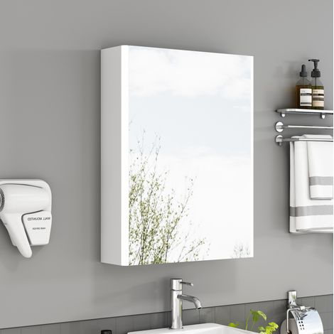 MODFU – Armario tocador de pared 50 cm de MDF/vidrio con 1 puerta espejo, LED laterales, enchufe francés y premontado – Blanco (1/5)