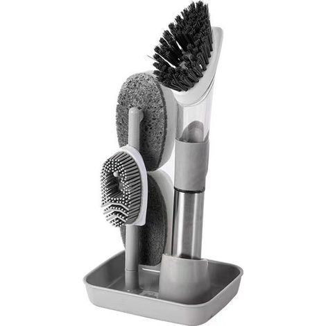 Ensemble brosse à vaisselle avec distributeur de savon, brosse à vaisselle avec distributeur de liquide, brosse de cuisine pour casseroles, poêles et évier, comprenant 4 têtes de rechange (gris) (1/5)