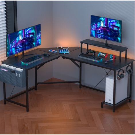 Sifree – Bureau gamer L avec surface carbone – 251x51x72cm – Prise électrique et ports USB – Design ergonomique avec tiroir en tissu