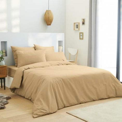 Housse de couette - MATIN CALIN - 260 x 240 cm - 100% Coton - Taupe - Lavable en machine