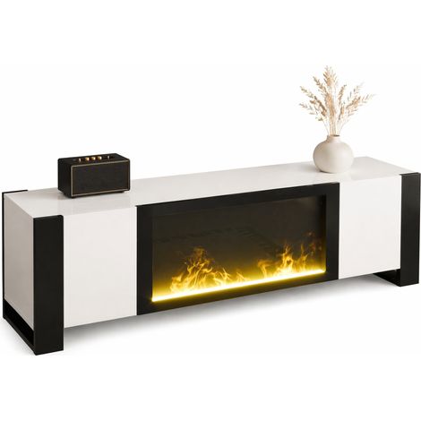 Meuble TV avec cheminée électrique décorative, meuble bas laqué blanc et noir, 165 cm, 2 portes, rangement intérieur, effet flammes sans chauffage CHICFURN (1/5)
