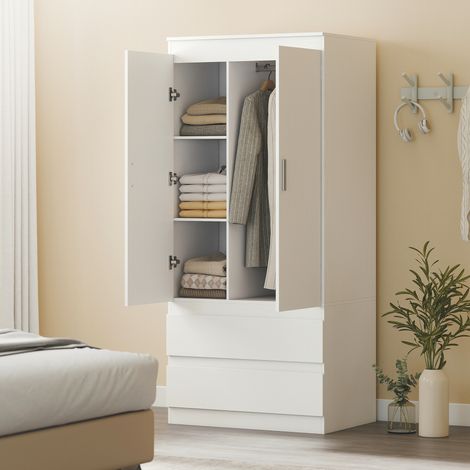 Armoire de chambre à coucher avec 2 portes, 2 tiroirs, 3 compartiments, en bois, blanche (1/5)
