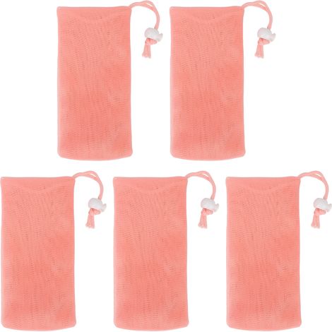 Pochette Exfoliante pour Savon en Filet Doux à Cordon - Lot de 5, Rose - Idéal pour Nettoyage Corporel et Visage (1/5)