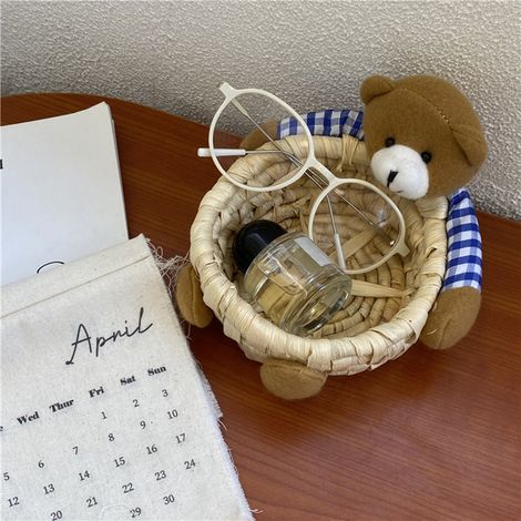 Panier de rangement ours mignon en paille, corbeille de bureau chambre, décoration dessin animé (1/5)