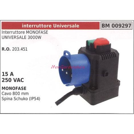 Einphasiger Sicherheitsschalter UNIVERSAL 3000W Kabel 800mm 15A 250VAC 009297