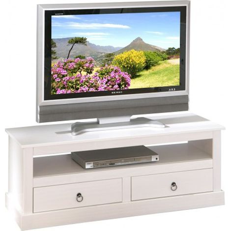 Meuble TV design blanc en bois massif - Dim : L 118 x H 45 x P 39 cm -PEGANE-