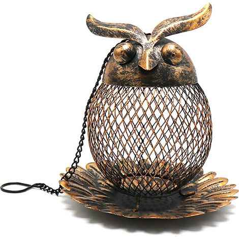 Hängender, eulenförmiger Vogelfutterspender aus Metall zur Dekoration des Gartens im Freien. (1/5)