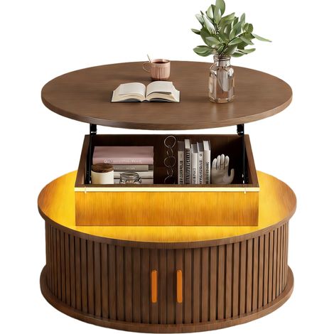CHICFURN Mesa de centro elevable redonda 75 x 75 x 52 cm MDF nogal, LED y almacenaje (1/5)