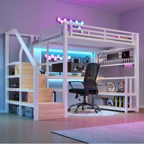 Letto a soppalco 140x200 cm bianco in metallo e MDF con scrivania, LED e ricarica USB-C (1/5)