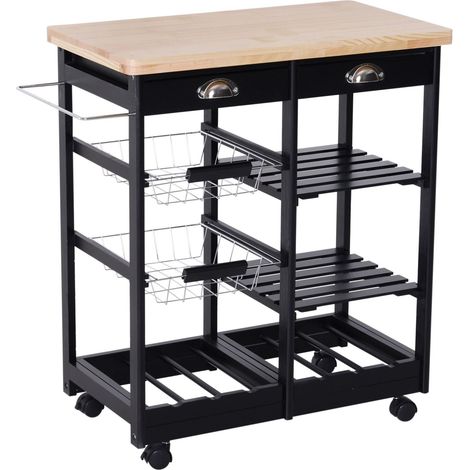 easycomfort carrello da cucina con cassetti e portabottiglia vino legno e nero (1/5)