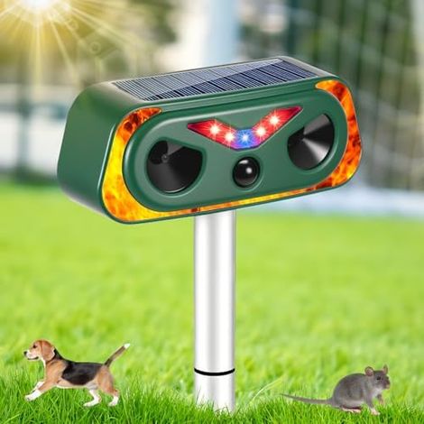 Répulsif pour chat jardin, répulsif à ultrasons avec détecteur de mouvement PIR et lumières flamme LED, étanche IP66, contre les martres, martres chiens, repousse -