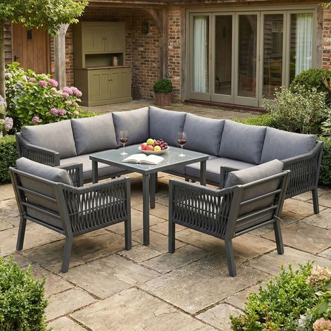 Salon de jardin exterieur en corde pour 8 personnes,canapé d'angle+table à manger+2 fauteuils,fer galvanisé,plateau en verre,gris (1/5)