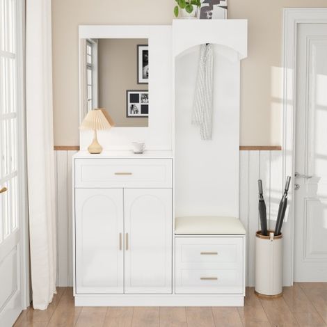 Vestiaire Moderne, Compact, Combinaison de Vestiaire et d'Armoire à Chaussures, Armoire d'Entrée, Étagère de Stockage Multifonctionnelle avec Miroir