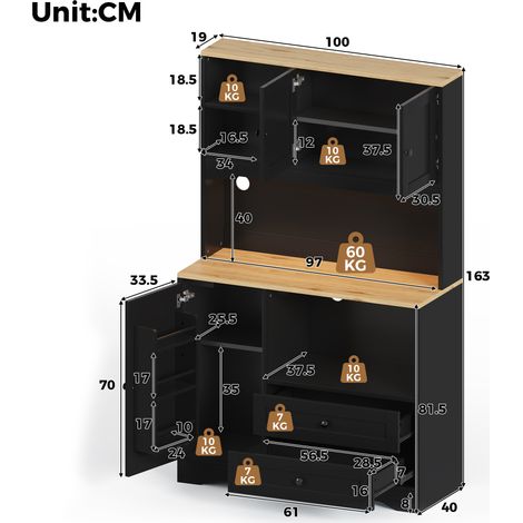 100×40×163 cm, armario de cocina alto con iluminación LED y enchufes, con espacio para microondas, estantes ajustables, especiero y puerto USB, apto para cocina, comedor y sala de estar. (1/5)