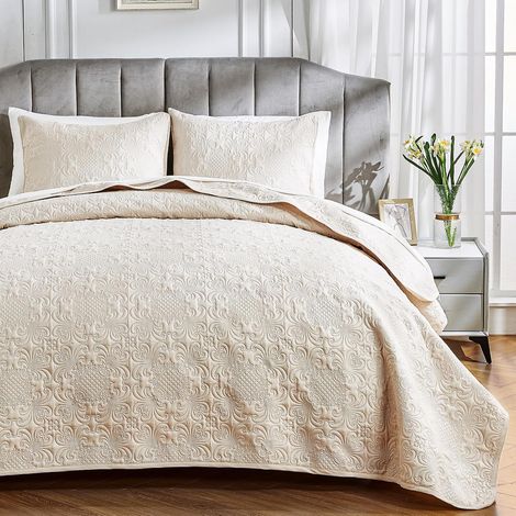 Couvre Lit 2 Personnes Dessus de Lit et Boutis matelassé Ultrasonique en Microfibre Brossée Douce et Légère, Élégant Couvre Lit Beige à Motif Floral (Beige, 240x260cm) (1/5)