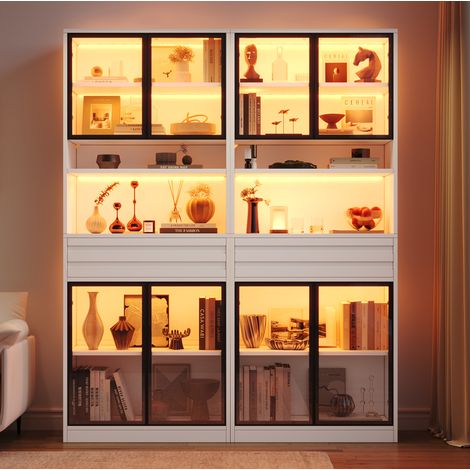 Vetrina alta 80x35x200 cm con ante in vetro, cassetto, illuminazione LED, MDF bianco (1/5)
