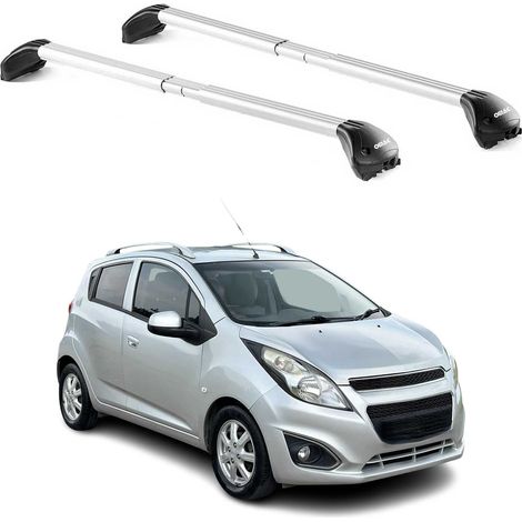 OMAC Barres de toit transversales certifiées TÜV pour Chevrolet Spark M300 2010-2015 5 Portes – Verrouillables (4 antivols) – Charge max 100 kg – Sangle inox + protection caoutchouc Argent (1/4)