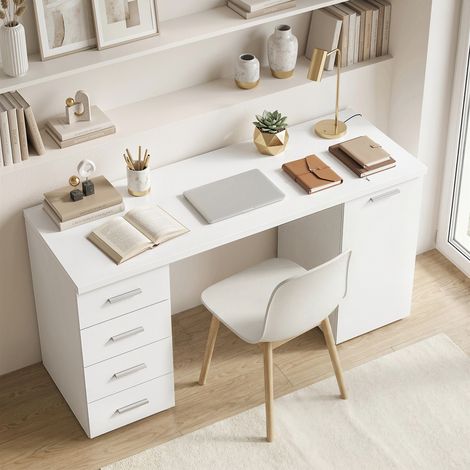 Bureau d'ordinateur avec 4 tiroirs et un placard. Bureau de 140 cm pour bureau à domicile. Aspect bois blanc. (1/5)