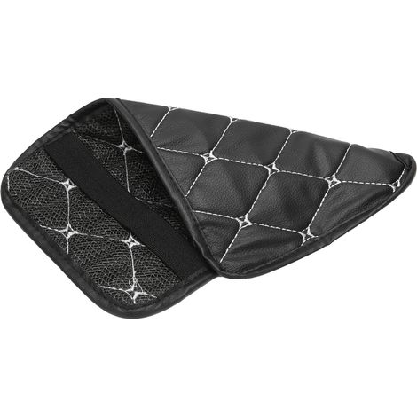 Tapis/housse de rangement pour accoudoir de voiture, en cuir PU, facile à nettoyer, base noire avec coutures blanches. (1/5)