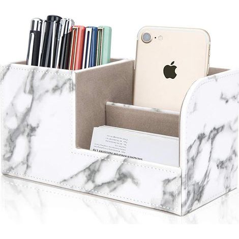 Aufbewahrungsbox für den Schreibtisch, multifunktionaler Stiftehalter, modischer Schreibtischständer aus weißem Marmor-PU-Leder, geeignet zur Aufbewahrung von Schreibwaren, Visitenkarten, Stiften und (1/5)