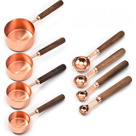 Tasses à mesurer le manche en bois de noyer plaqué cuivre, cuillères à mesurer pour gâteaux, sucre - Ensemble (1/5)