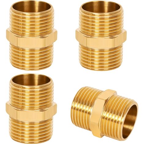 4 Pièces Double Mamelon 1/2 pouce, (Ø 20.6mm) Laiton Filetage Hexagonal Mâle, Raccord, pour Chauffage Installation d'eau Potable Approprié, Raccord de Tuyau (1/5)