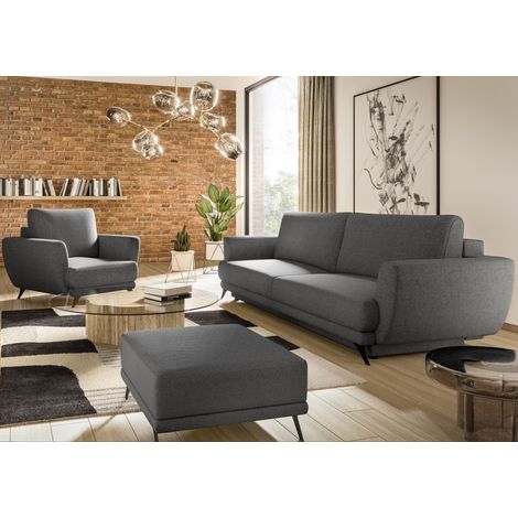 Ensemble canapé convertible tissu gris foncé Zora - 1 canapé 3 places + 1 fauteuil + 1 pouf (1/5)