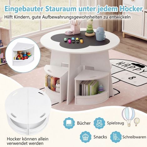 Children's Wooden Table Set with 4 Storage Stools, White (1/5)