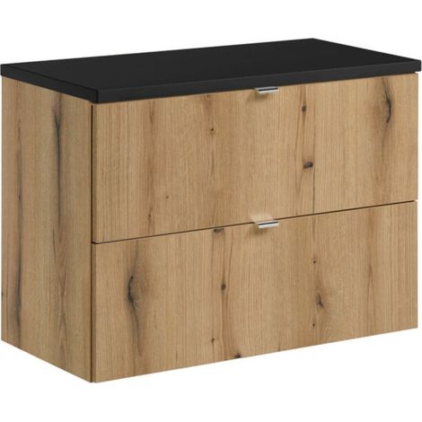 Set per bagno sospeso VANO aspetto rovere e nero 80cm: mobili sotto lavabo con cassetti + piano per lavabo