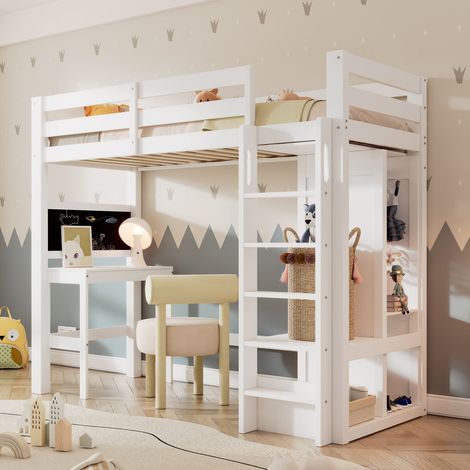 Lit cabane 90x200 cm blanc avec bureau, rangements et barrière de sécurité (1/5)
