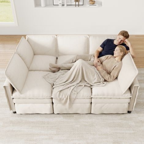 Canapé modulable XXL convertible en lit, combinable à volonté en forme de U ou de L, avec pouf amovible, double coussin d'assise, design moderne avec passepoil, canapé en chenille beige pour salon et (1/4)