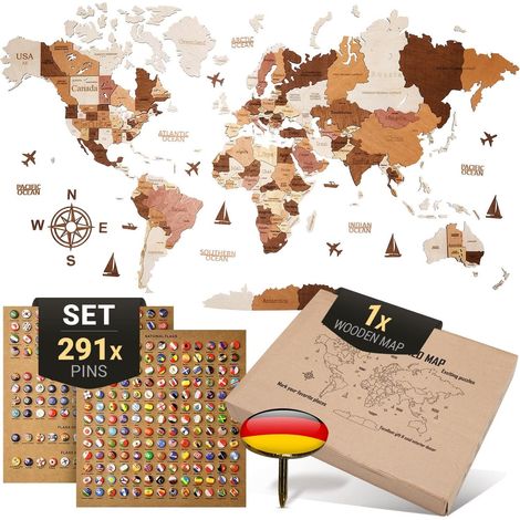 Décoration murale Carte du monde en bois 3D en allemand avec épingles Fixation murale sans outil Idée cadeau pour toute célébration Décoration murale pour la maison et le bureau (1/5)