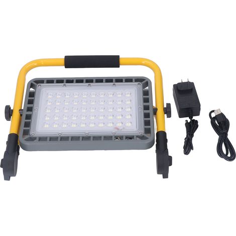 Projecteur LED rechargeable d'urgence 100W, étanche IP65, signalisation lumineuse blanc/rouge/bleu, prise US 100-240V, batterie intégrée, usage extérieur. (1/5)