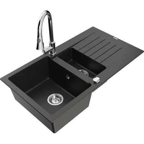 Mexen Matias Granitspüle 1,5-becken mit Abtropffläche und Küchenarmatur Elia, schwarz/gold metallic - 6502-75-670101-00 (1/5)