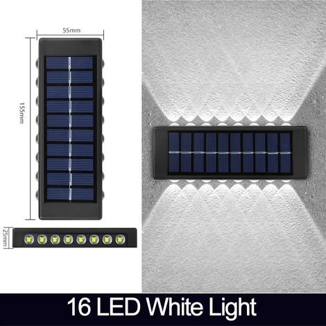 (16 LED blanches) Applique murale solaire LED étanche pour extérieur, éclairage vers le haut et vers le bas, lampe solaire décorative pour jardin, clôture ou cour, lumière du soleil (1/5)