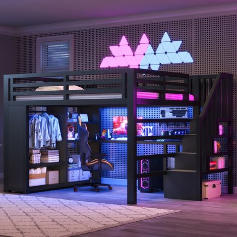 Lit mezzanine 160x200 cm adulte en métal avec LED, bureau, armoire ouverte et escalier de rangement - noir (1/5)